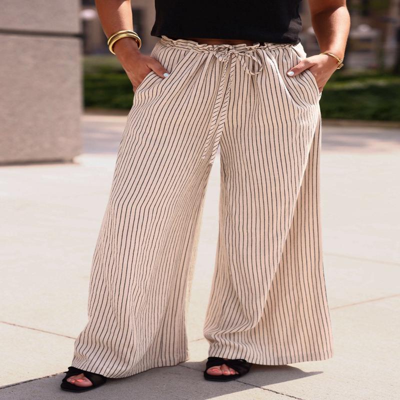 Blair Oatmeal Pinstripe Wide Leg Pants - FINAL SALE
