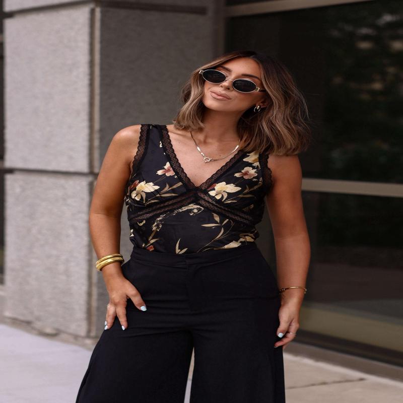 Cambria Black Floral Lace Trim Tank Top - DOORBUSTER