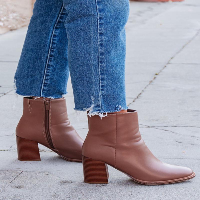 Evelyn Taupe Leather Heeled Ankle Booties