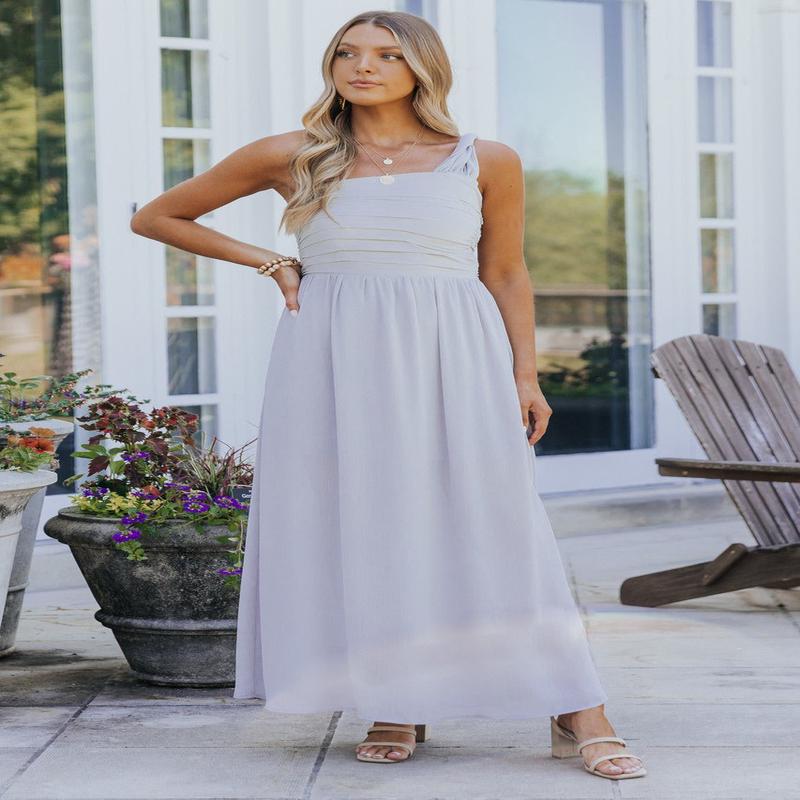 Fallon Misty Grey One Shoulder Pleated Maxi Dress - FINAL SALE