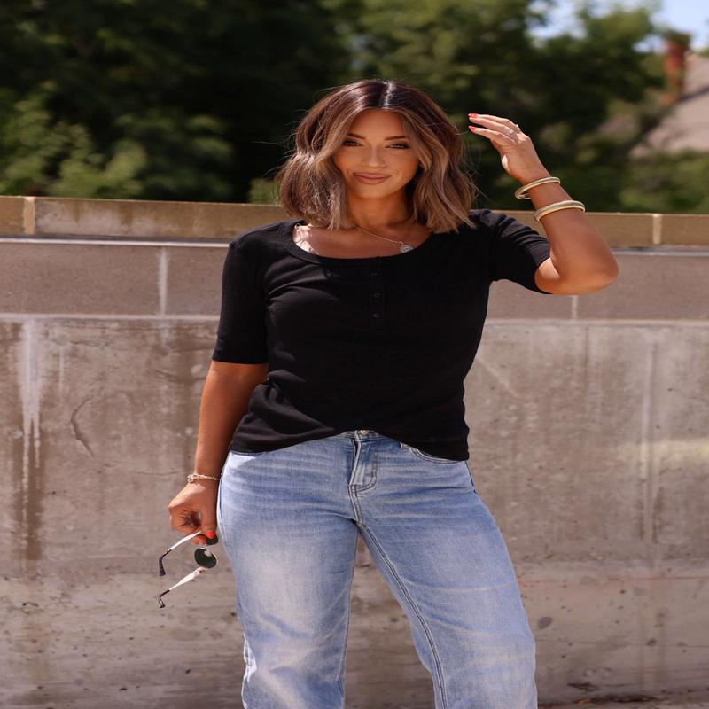 On The Go Black Ribbed Henley Top - DOORBUSTER