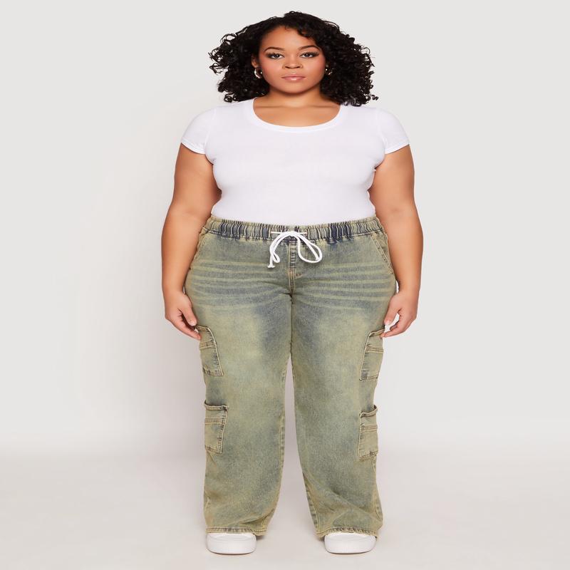 Plus Size VIP Acid Wash Drawstring Cargo Jeans