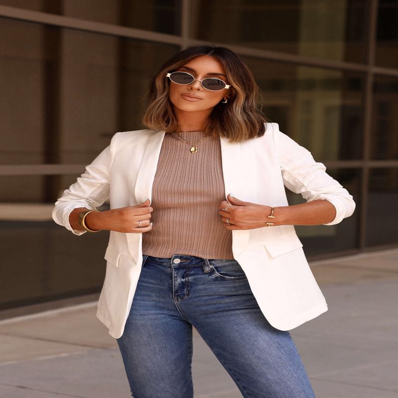 White Ruched Sleeve Blazer