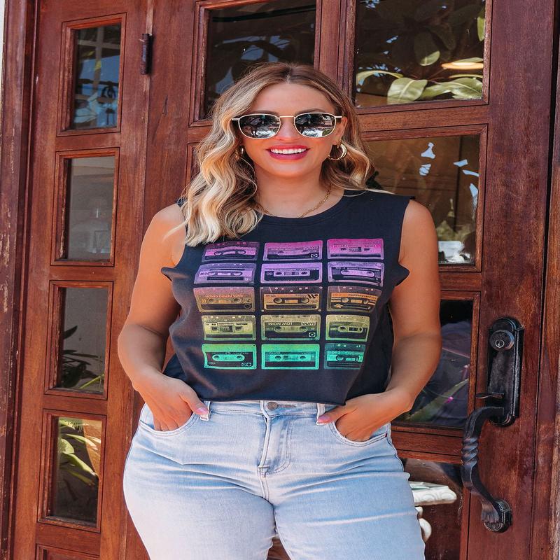 Black Cassette Tape Graphic Tank Top - DOORBUSTER