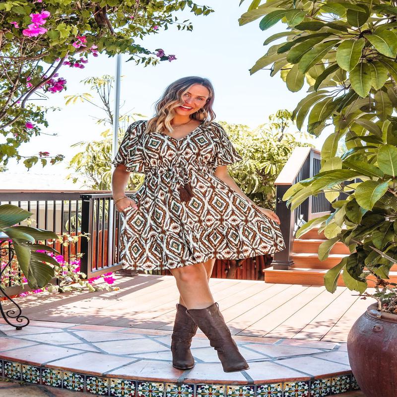 Marlowe Brown Mix Print Tiered Mini Dress -  DOORBUSTER