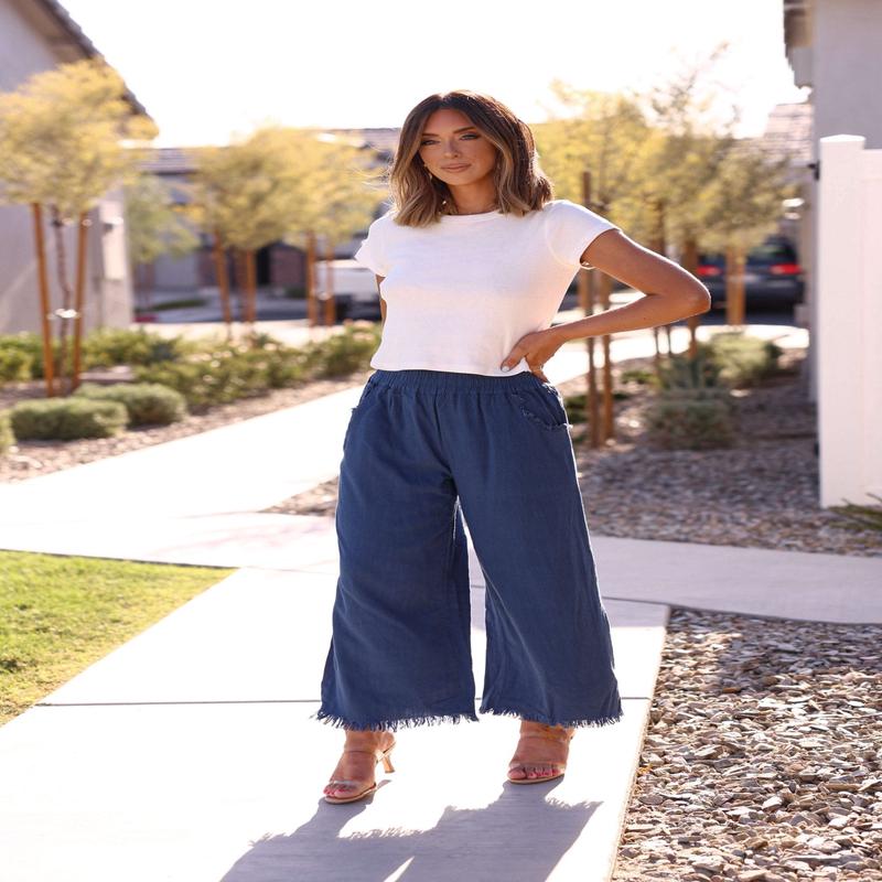 Slate Blue Frayed Linen Wide Leg Pants - FINAL SALE