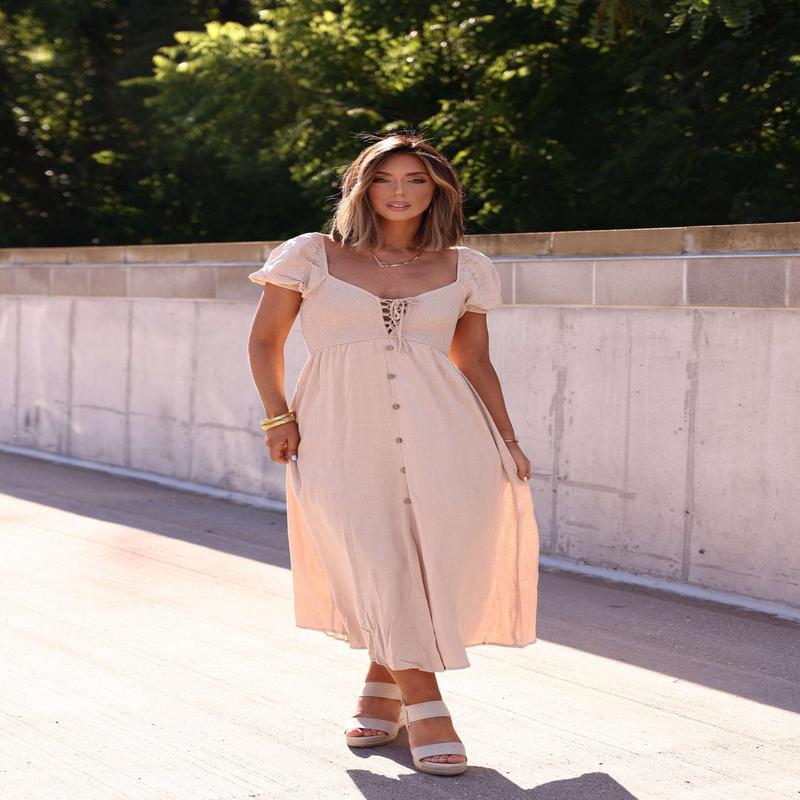 Sunset Stroll Midi Dress - Light Khaki - DOORBUSTER