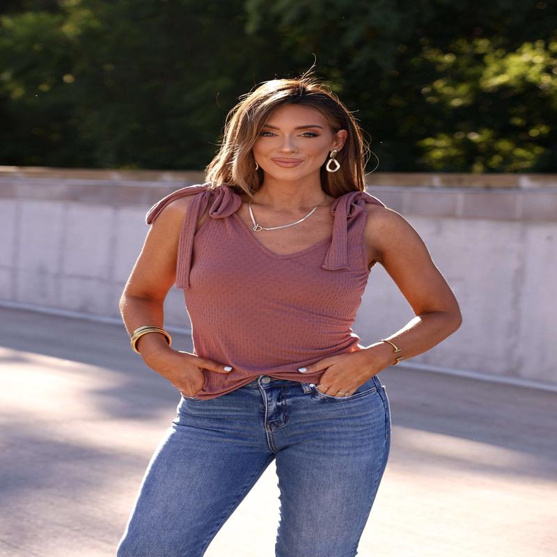 Sutton Ribbed Shoulder Tie Top - Mauve - FINAL SALE