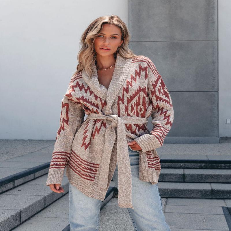Taupe Aztec Belted Cardigan - DOORBUSTER