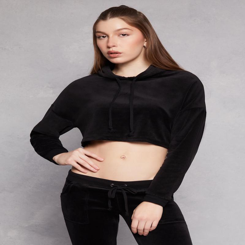 Velour Pullover Cropped Hoodie