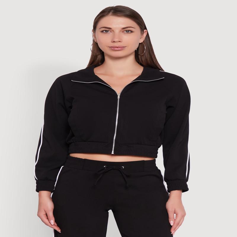 Crepe Knit Zip Front Jacket with Contrast Piping