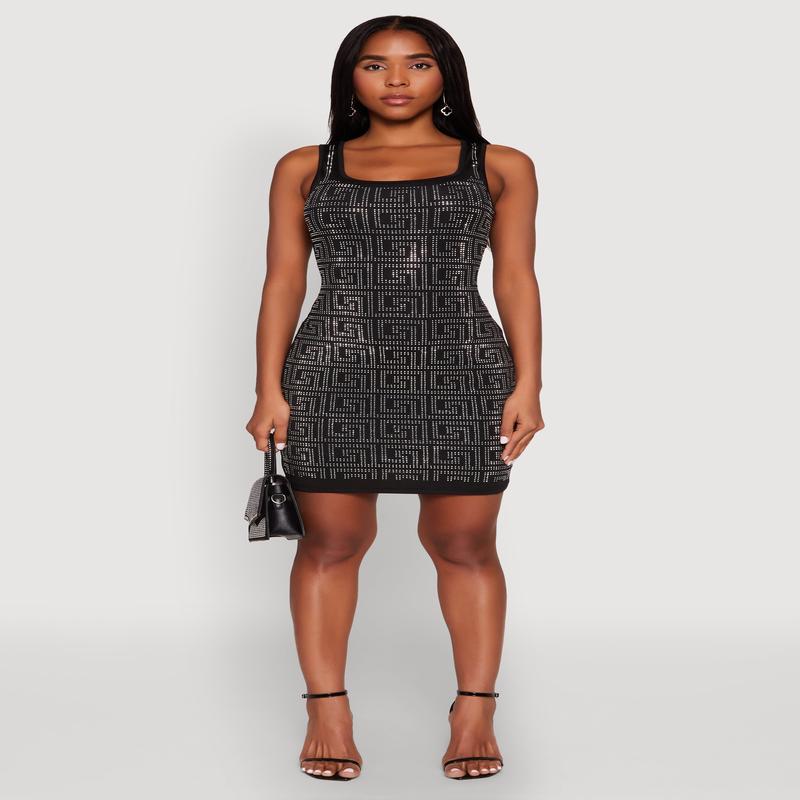 Greek Key Rhinestone Mini Dress
