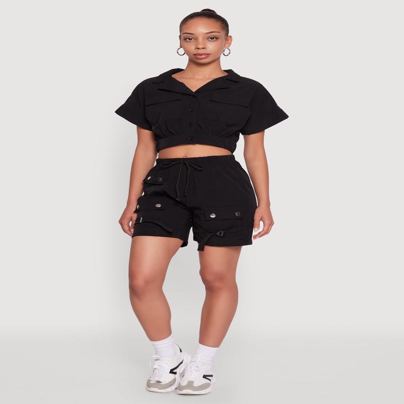 Trendy Nylon Drawstring Waist Utility Shorts