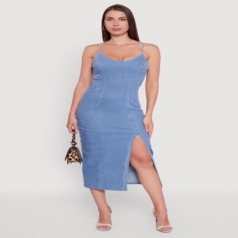 Denim Pintuck Scoop Neck Side Slit Dress