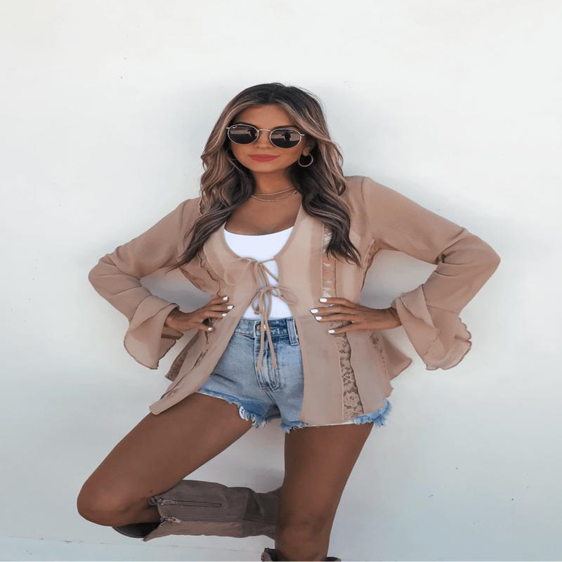 Sand Bell Sleeve Sheer Lace Top