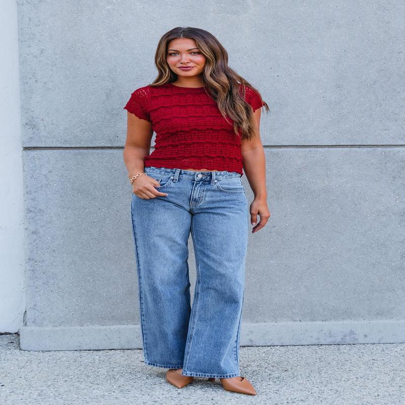 Amara Burgundy High Neck Lace Top - DOORBUSTER