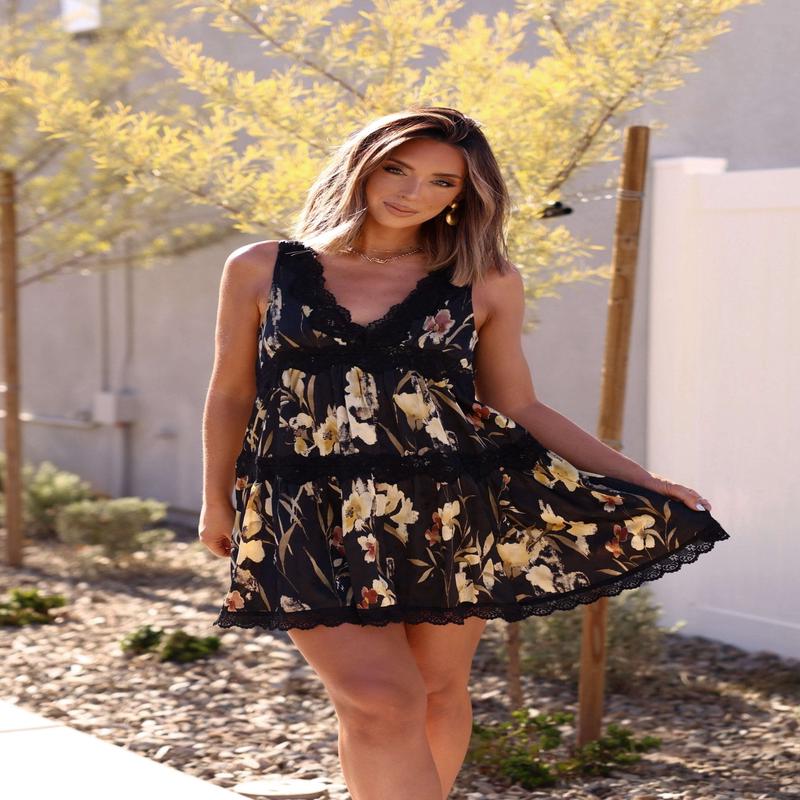 Kenna Lace Black Print Satin Mini Dress