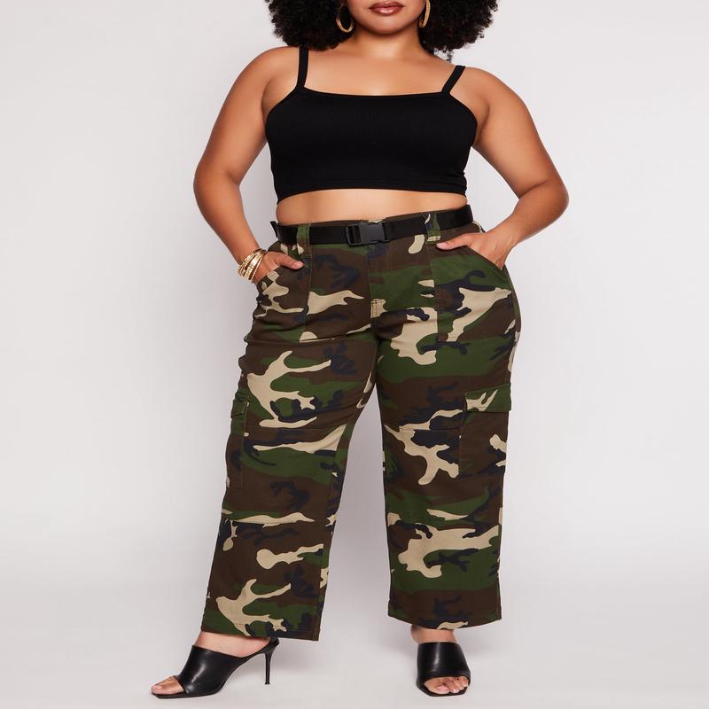 Plus Size Camo Belted Wide Leg Cargo Pants