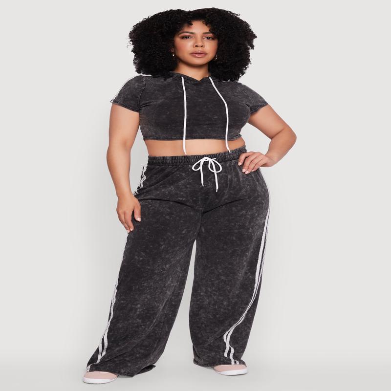 Plus Size Daisy High Waisted Wide Leg Casual Pants with Varsity Stripe