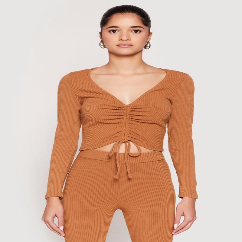 Rib Knit Drawstring Front Ruched Crop Top