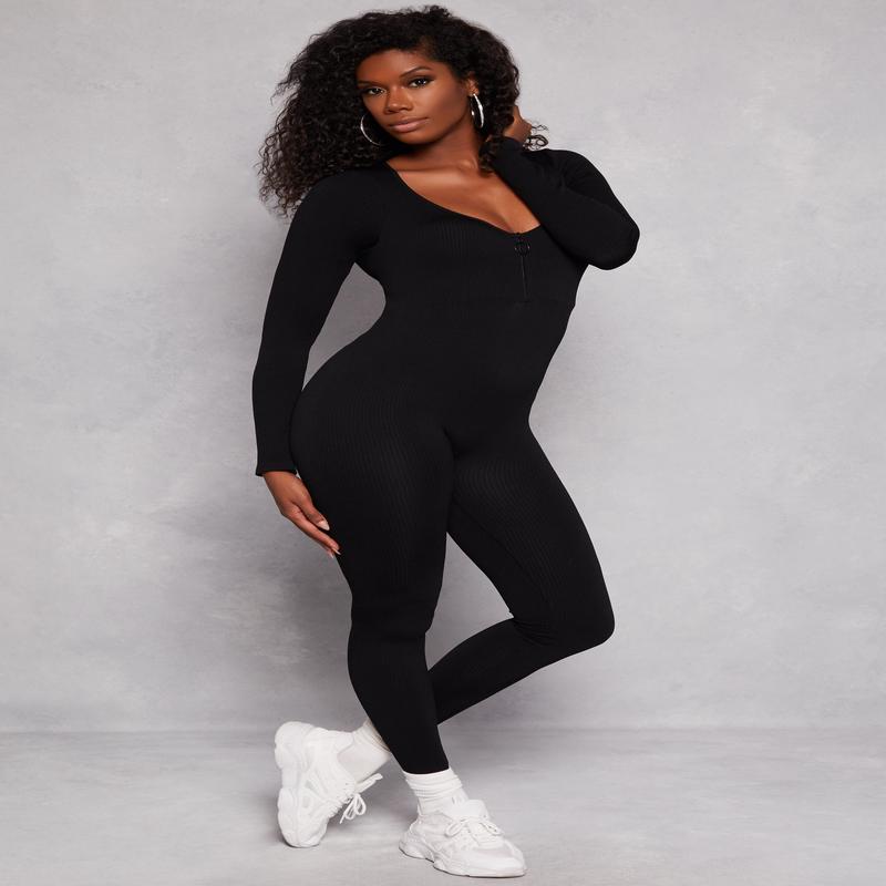 Seamless Ribbed Zip Front Long Sleeve Jumpsuit