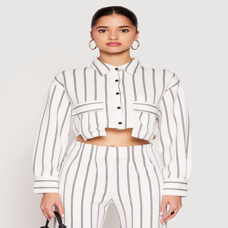 Striped Pocket Cropped Button Front Shirt