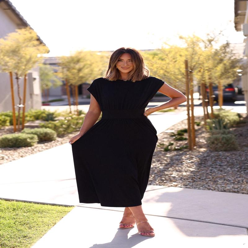 Zoey Black Cinched Flare Midi Dress