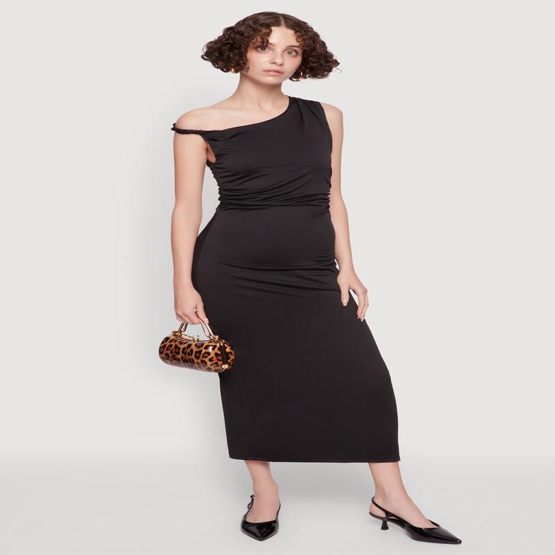 Asymmetrical Neckline Ruched Bodycon Dress with Side Slit