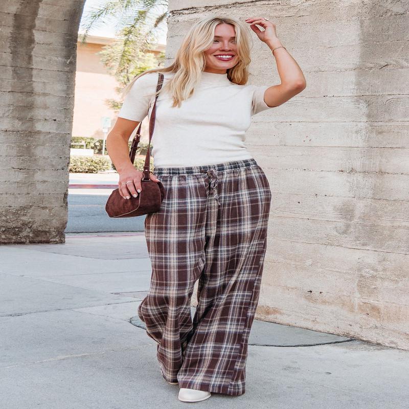 Brown Plaid Wide Leg Pants - DOORBUSTER
