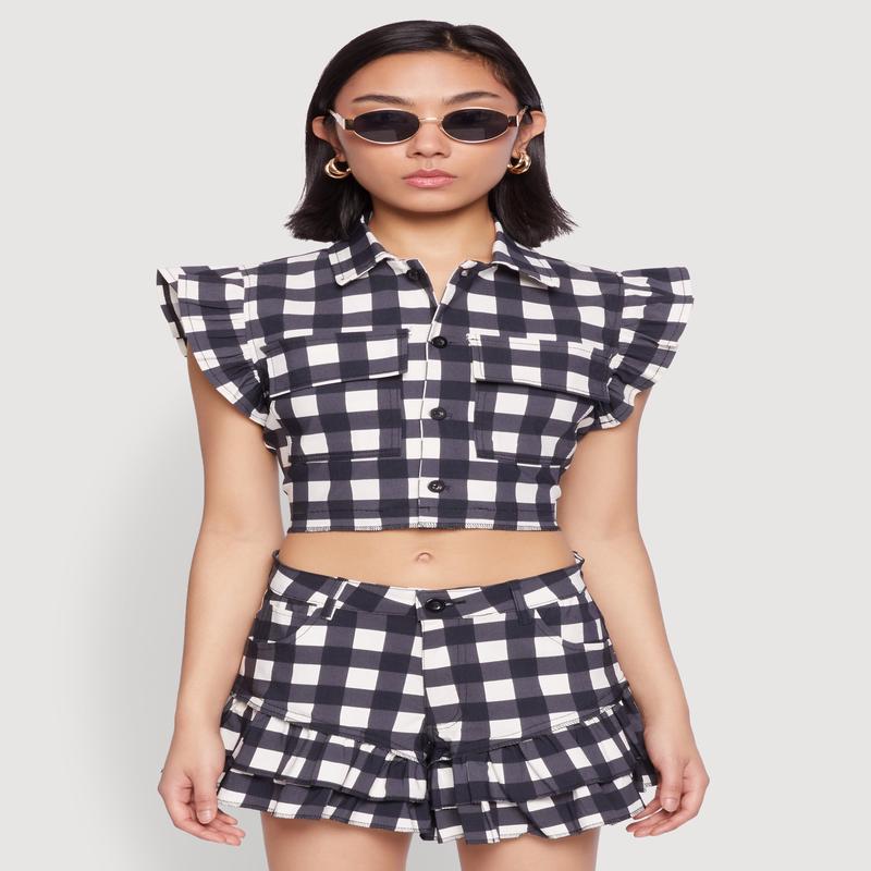 Buffalo Plaid Ruffle Sleeve Cropped Shirt