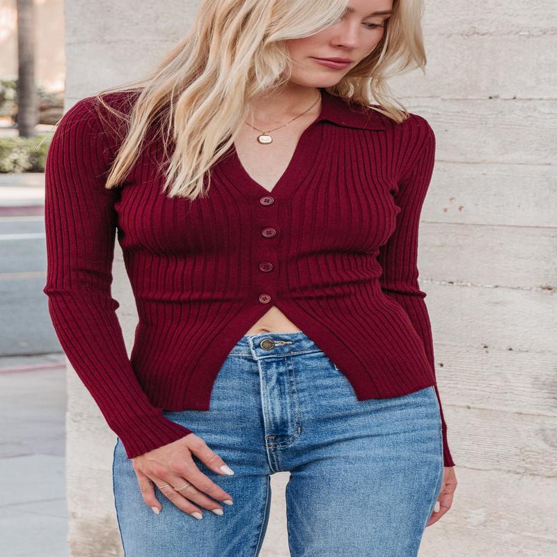 Burgundy Button Down Ribbed Top
