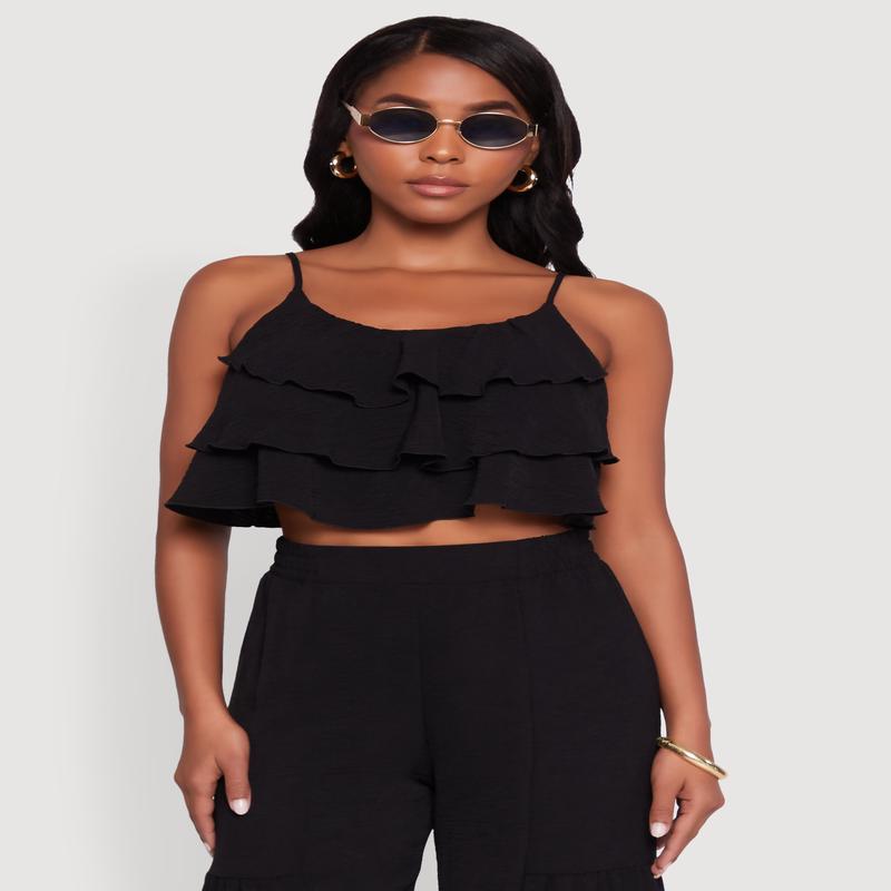 Chic Crepe Knit Tiered Ruffle Cami with Cropped Hem