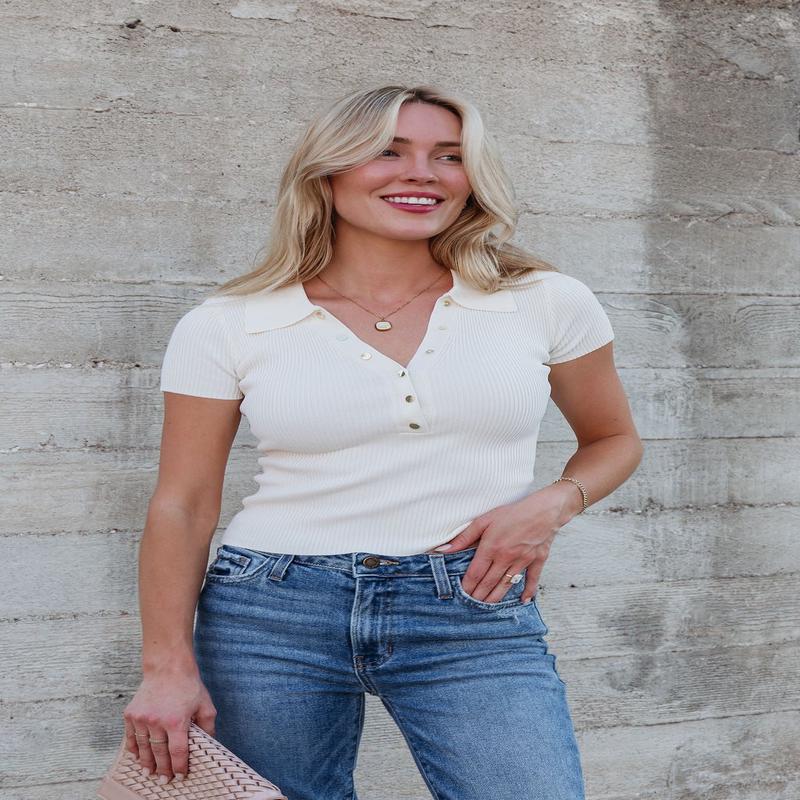 Cream Button Up Ribbed Top - DOORBUSTER