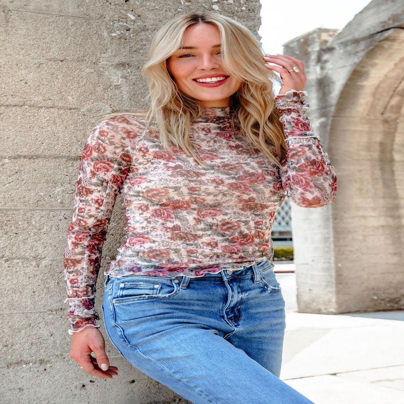 Cream Floral Mesh Mock Neck Top - DOORBUSTER