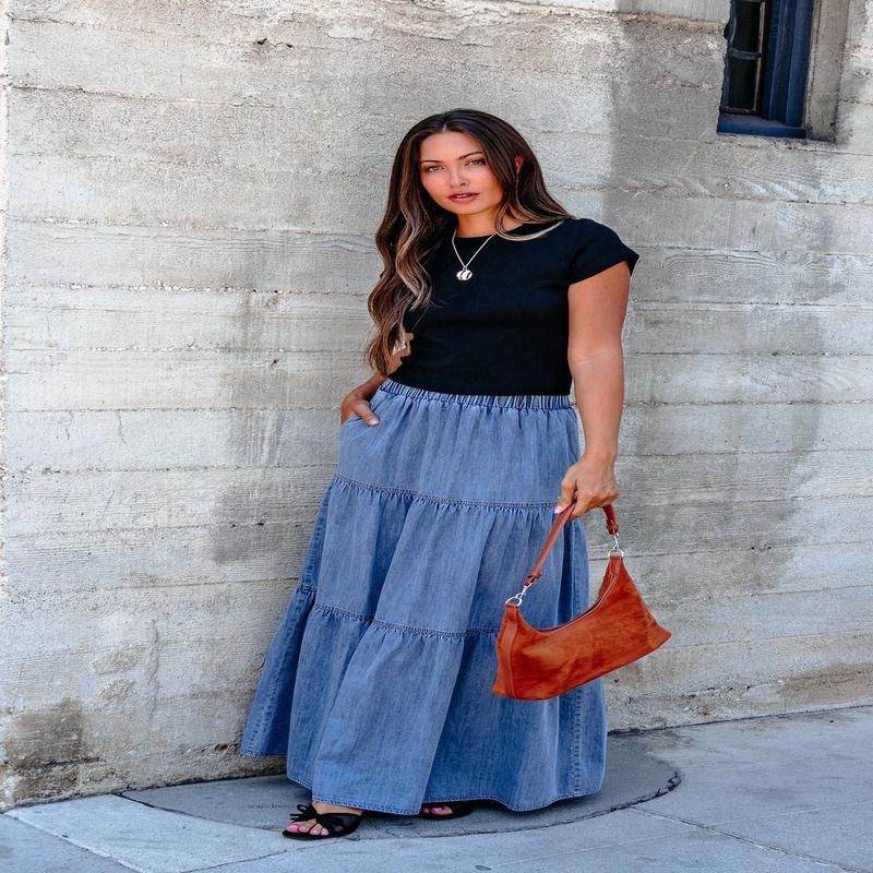 Denim Wash Tiered Maxi Skirt