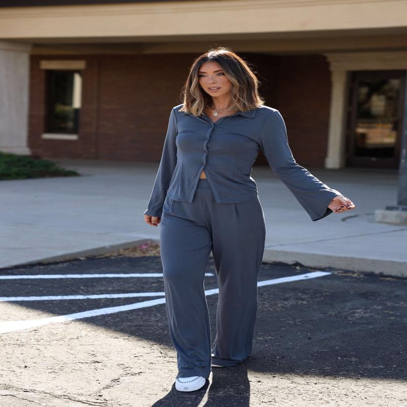 Elan Grey Flowy Wide Leg Pants -DOORBUSTER