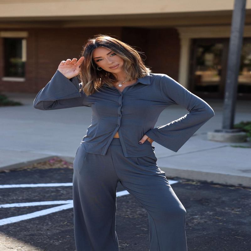 Elan Grey Half Button Up Top