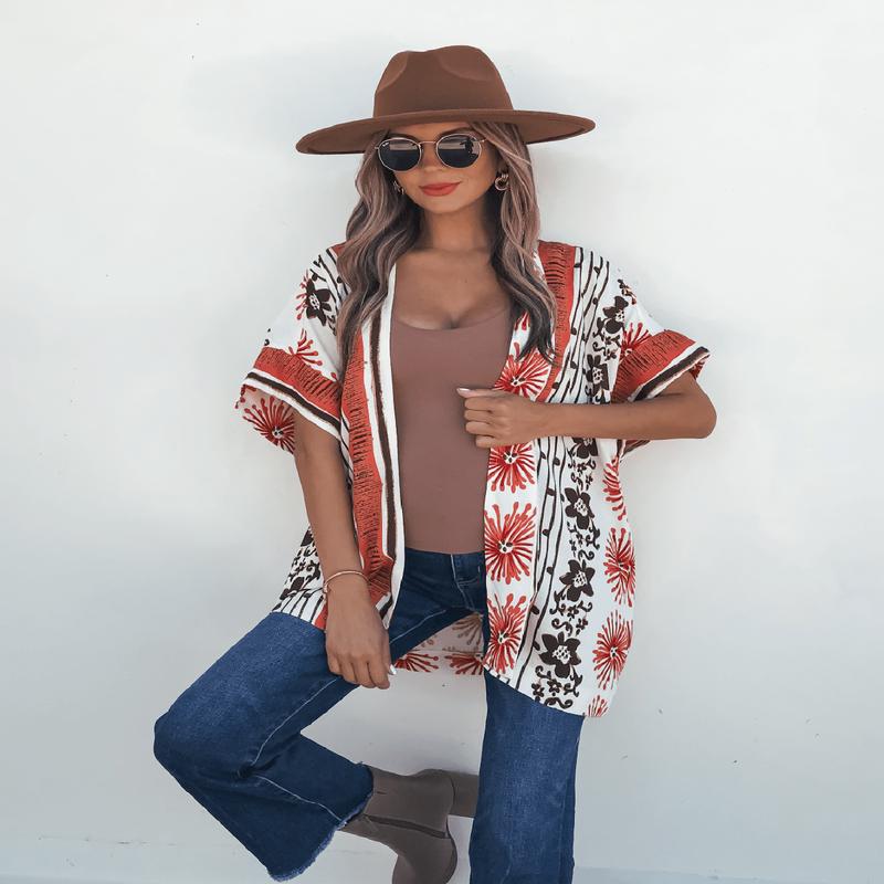 Jolene Multi Red Border Print Kimono Top - DOORBUSTER