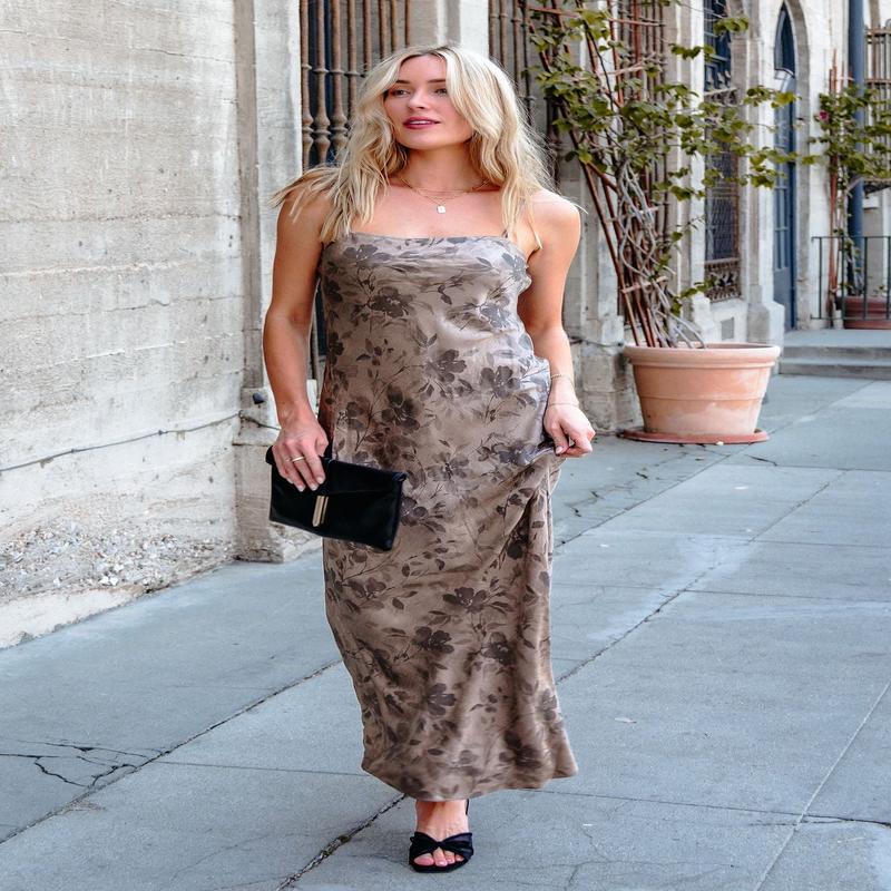 Taupe Floral Print Satin Slip Dress