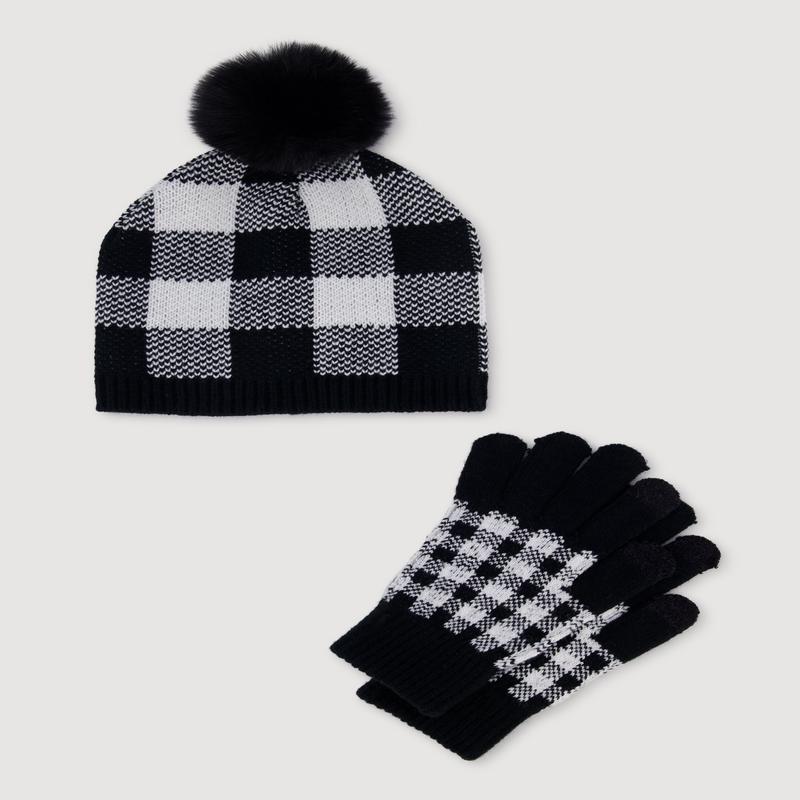Gingham Pom Pom Beanie and Gloves Set