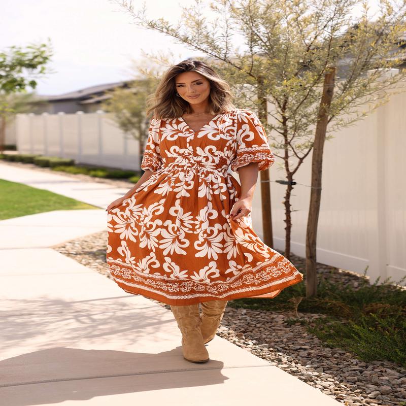 Cider Lane Caramel Print Midi Dress - FINAL SALE