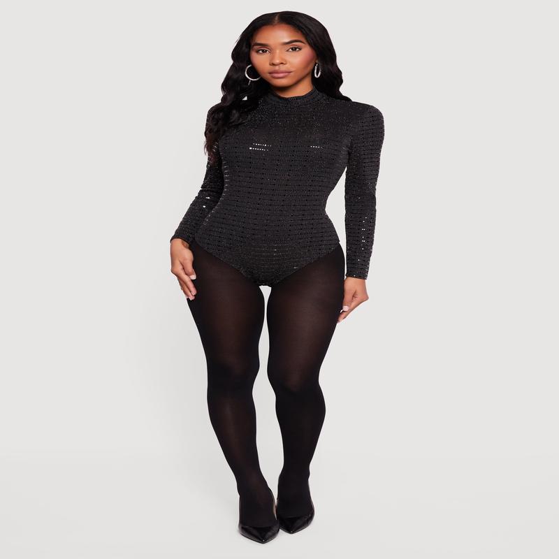 Foiled Lurex Long Sleeve Mock Neck Bodysuit