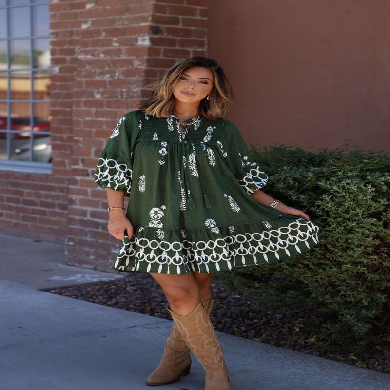 Hunter Green Border Print Tiered Mini Dress