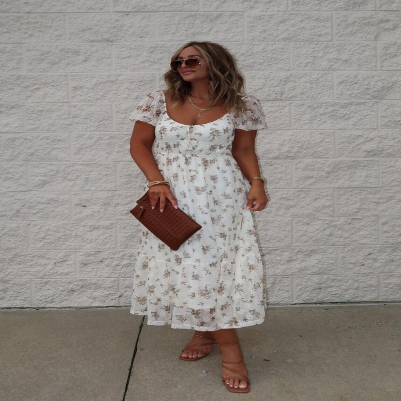 Lauri Cream Floral Print Sweetheart Midi Dress