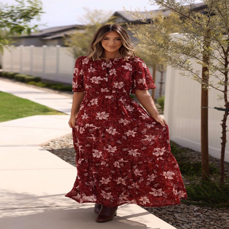 Rustling Leaves Wine Floral Print Maxi Dress