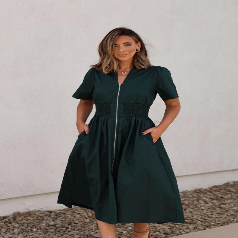 Sea Green Smocked Zip Midi Dress - FINAL SALE