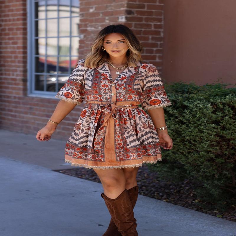 Botanical Rust Print Belted Mini Dress