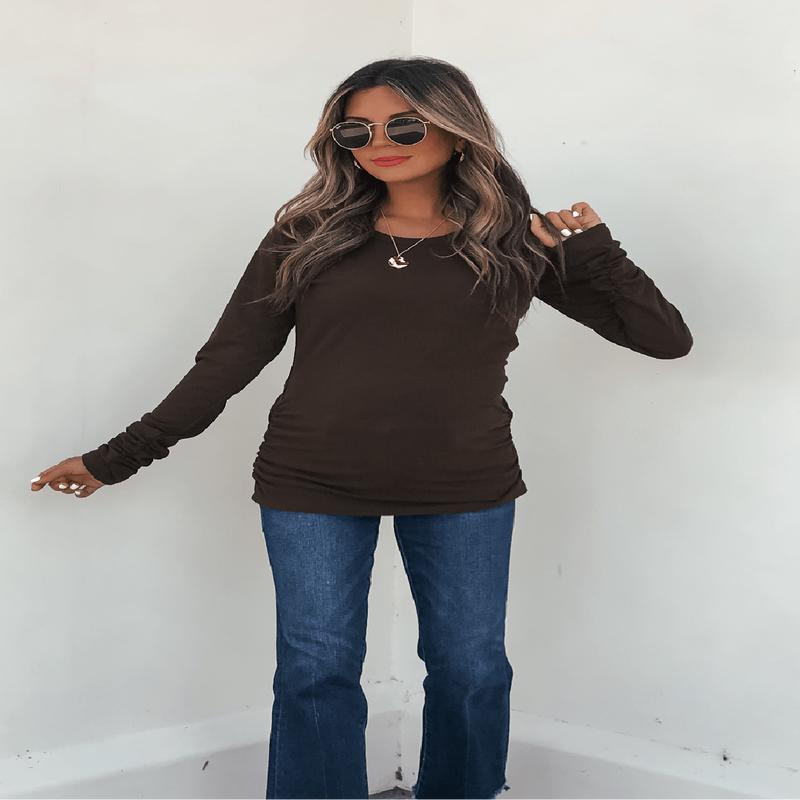 Dark Brown Ruched Sleeve Ribbed Top