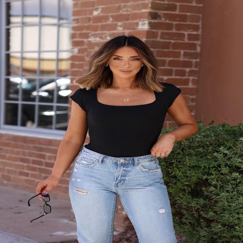 Black Jersey Knit Square Neck Bodysuit - DOORBUSTER