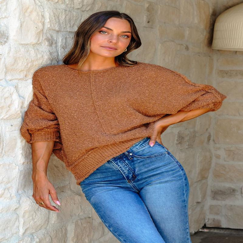Camel Boat Neck Seam Detail Sweater
